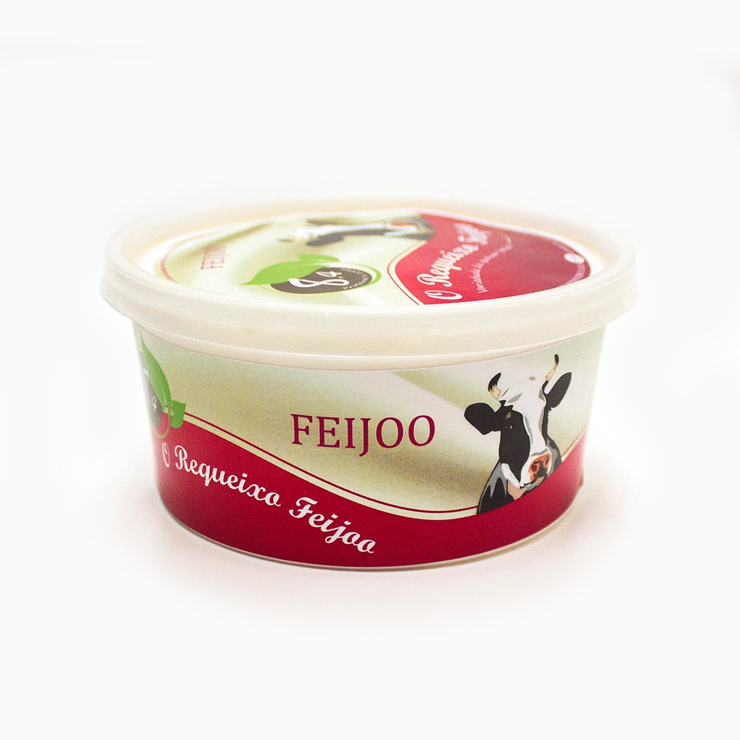 Tarrina de Requeixo Feijoo 500g - Contiene delicioso requeixo, con ilustración de una vaca en franjas rojas en la tapa. Información nutricional, consejos de uso (ensaladas, postres, cremas, tartas) y diferenciación de requeixo y requesón en la parte inferior.